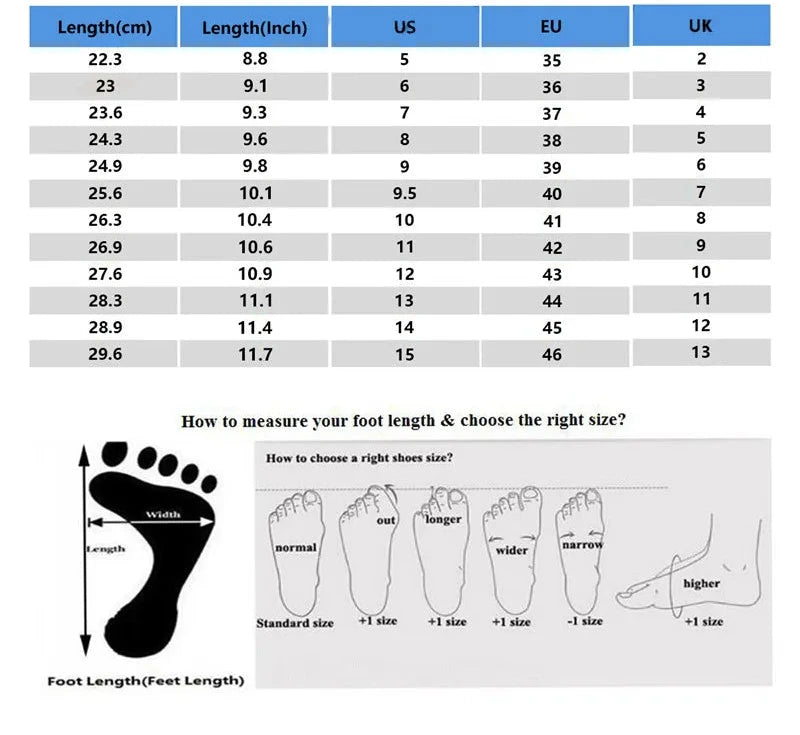 Size chart for shoes with measurements in centimeters, inches, US, EU, and UK sizes.