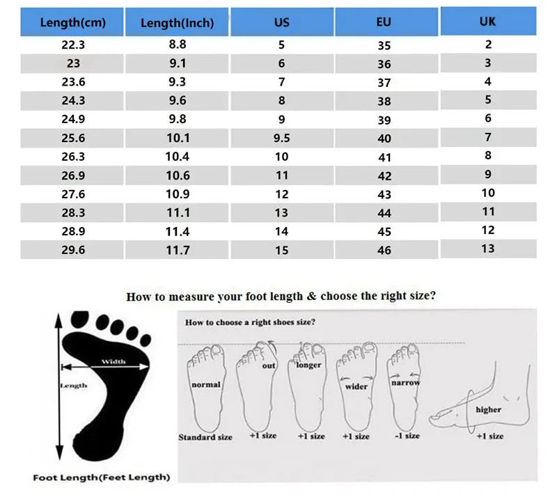 Size chart for shoes with measurements in centimeters, inches, US, EU, and UK sizes.