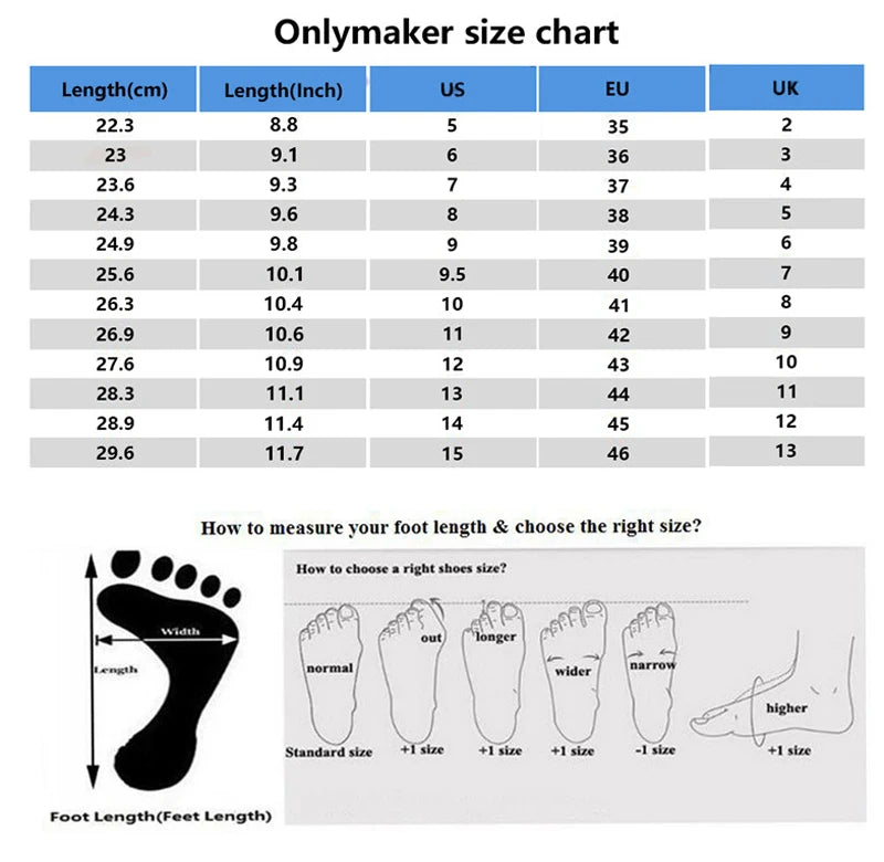 Size chart for shoes with measurements in centimeters, inches, US, EU, and UK sizes.