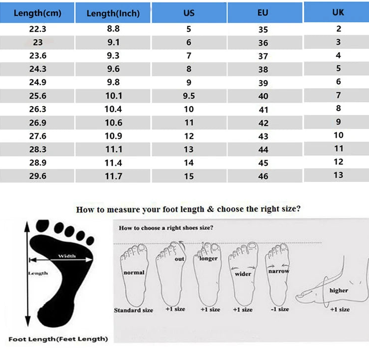 Size chart for shoes with measurements in centimeters, inches, US, EU, and UK sizes.
