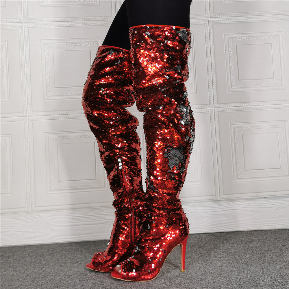 Open-Toed Sequin High Heel Over Knee Boots