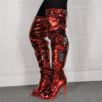 Open-Toed Sequin High Heel Over Knee Boots