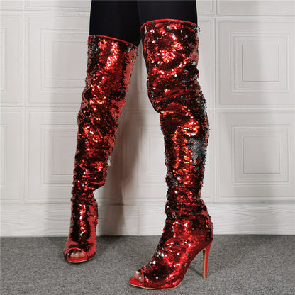 Open-Toed Sequin High Heel Over Knee Boots