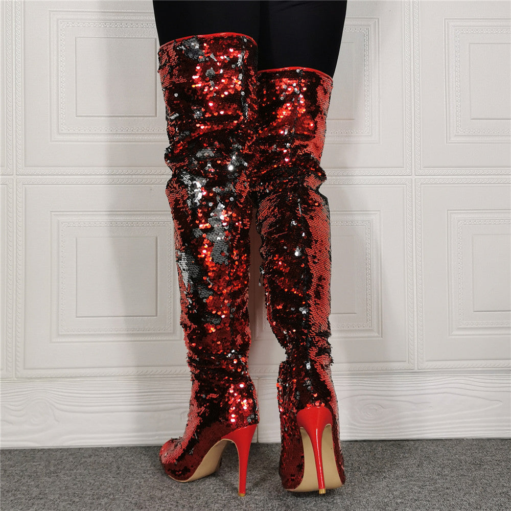 Open-Toed Sequin High Heel Over Knee Boots