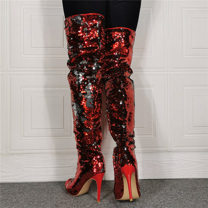 Open-Toed Sequin High Heel Over Knee Boots