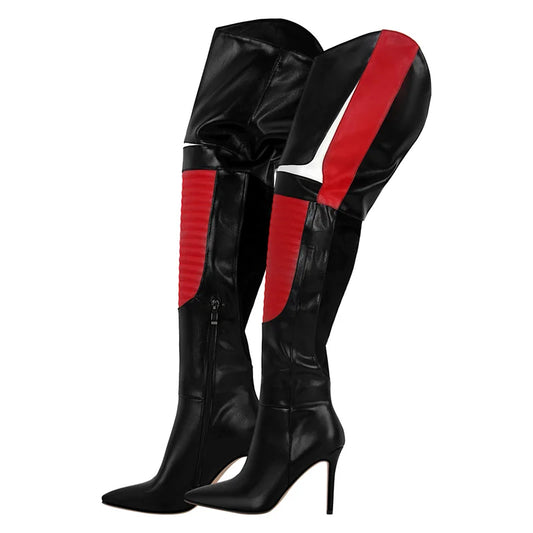 Black knee-high boots with red accents on a white background