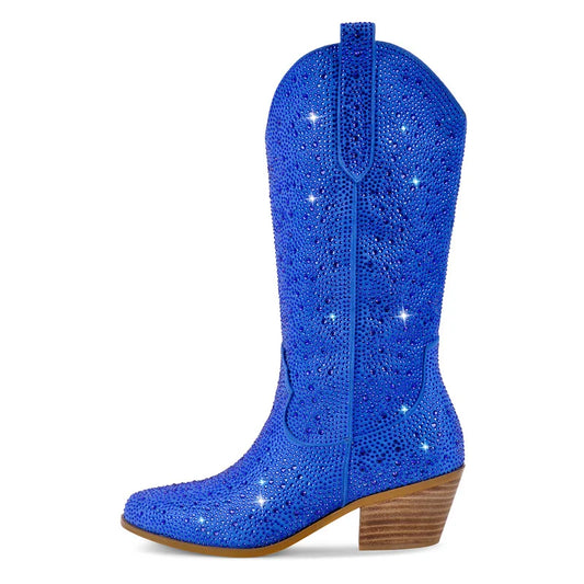 Blue glittery cowboy boot with a brown heel on a white background