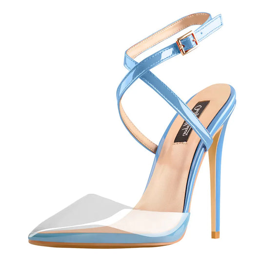 stiletto heels with ankle strap and see through toe box