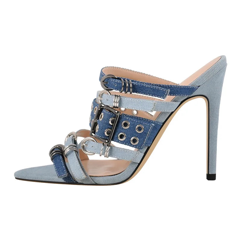 Denim high-heeled shoe with buckles on a white background, featuring the brand 'Only Maker'.