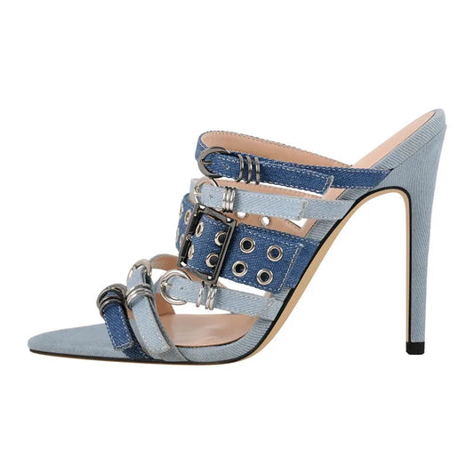 Denim high-heeled shoe with buckles on a white background, featuring the brand 'Only Maker'.
