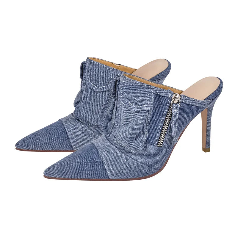 Denim Slip-On Mule Stiletto Sandals High Heels - Heelure™