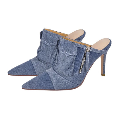 Denim Slip-On Mule Stiletto Sandals High Heels - Heelure™