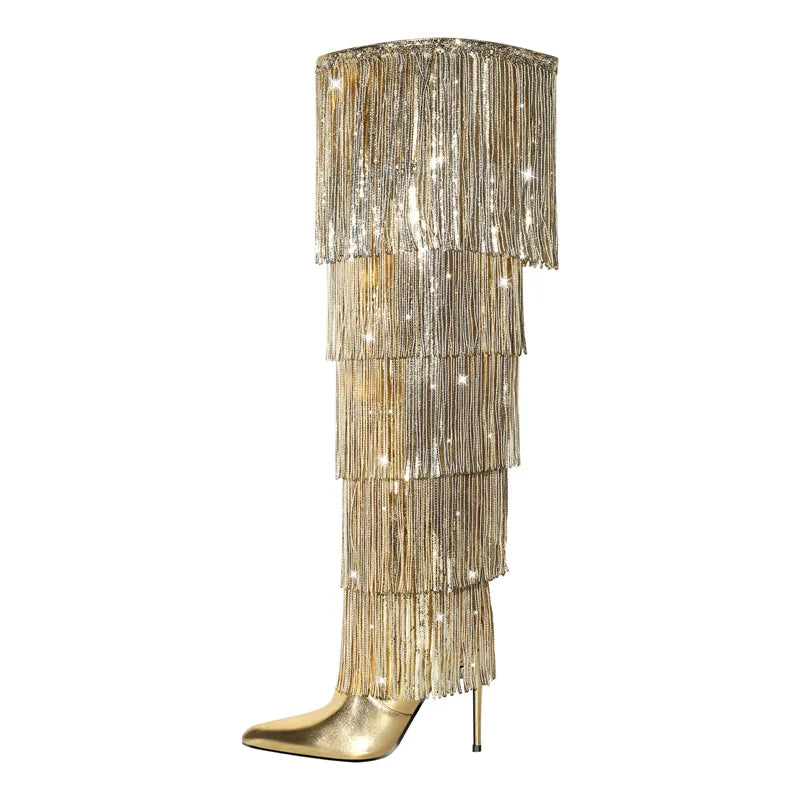 Gold fringe boot on a white background