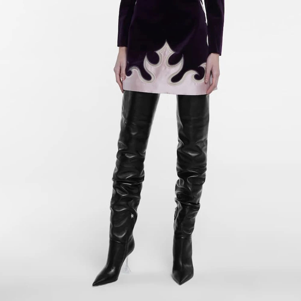 High Heels For Men | Thigh-High Leather Boots With Clear Heel