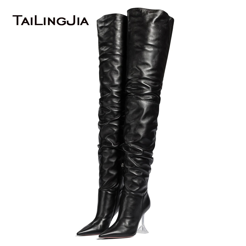 High Heels For Men | Thigh-High Leather Boots With Clear Heel