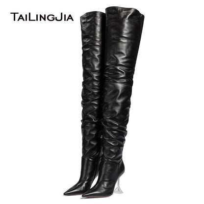 High Heels For Men | Thigh-High Leather Boots With Clear Heel