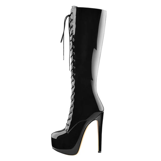 Noir Patent Knee-High Platform Stiletto Boots - Heelure™