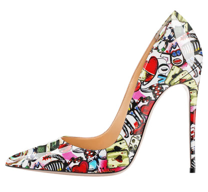 High-heeled shoe with colorful abstract design on a white background