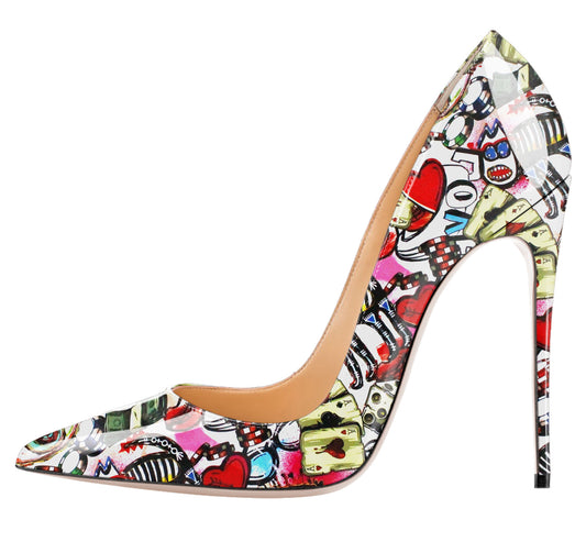 High-heeled shoe with colorful abstract design on a white background