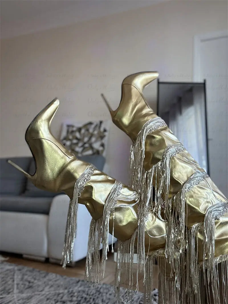 fringed high heel boots over the knee