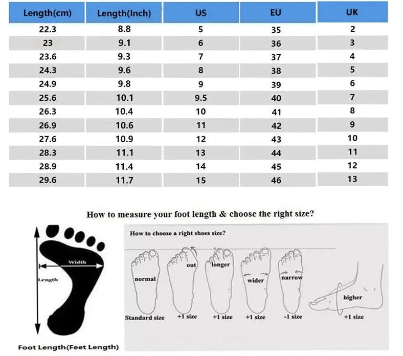 Measurement chart for foot length in centimeters, inches, US, EU, and UK sizes with foot shape illustrations.