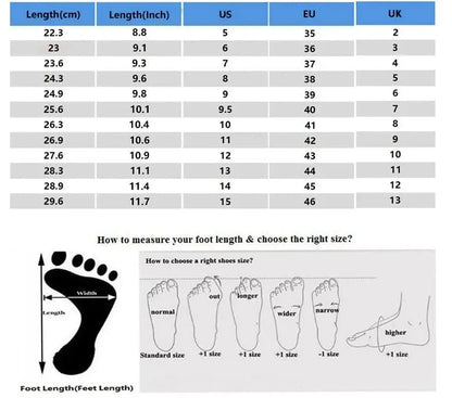 Measurement chart for foot length in centimeters, inches, US, EU, and UK sizes with foot shape illustrations.