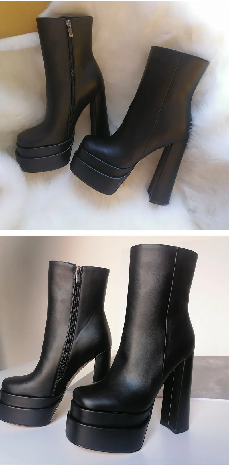 Black platform high-heeled boots on a white background