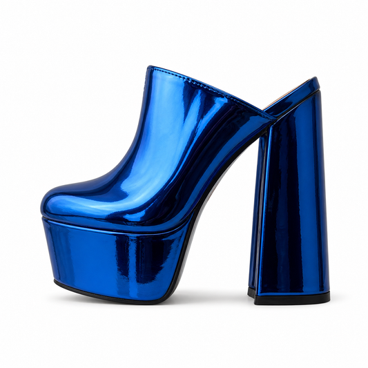 Shiny blue high-heeled shoe on a white background