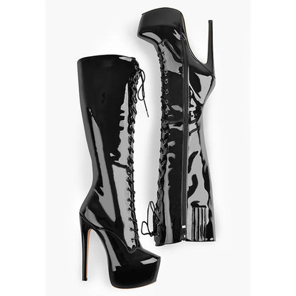 Noir Patent Knee-High Platform Stiletto Boots - Heelure™