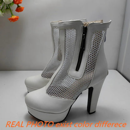 ORCHA LISA Summer Boots for Women Ultrahigh Heel 11.5cm Platform 2.5cm Zipper Breathable Mesh 48 49 50 Sexy Dating Bota