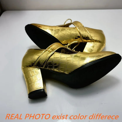 REAVE CAT New Women Pumps Round Toe Chunky Heels 7.5cm Lace Up Large Size 48 49 50 Shallow Office Lady Daily Shoes Gold Silver