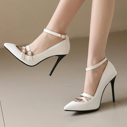 REAVE CAT Sexy Female Pumps 31 32 33 Pointed Toe Stiletto 10cm Ankle Buckle Strap Metal Decoration Large Size 49 50 Party Shoes