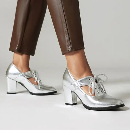 REAVE CAT New Women Pumps Round Toe Chunky Heels 7.5cm Lace Up Large Size 48 49 50 Shallow Office Lady Daily Shoes Gold Silver