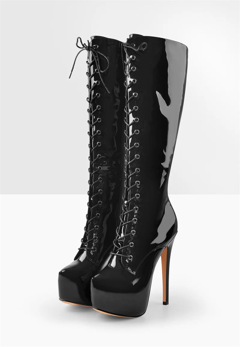 Noir Patent Knee-High Platform Stiletto Boots - Heelure™