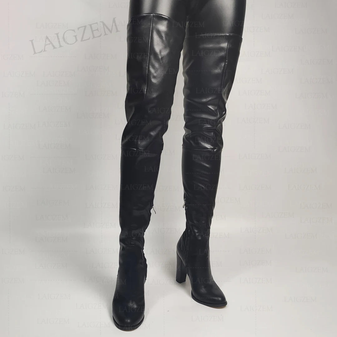 Leather High Heel Boots For Men | Knee-High Chunky Heels