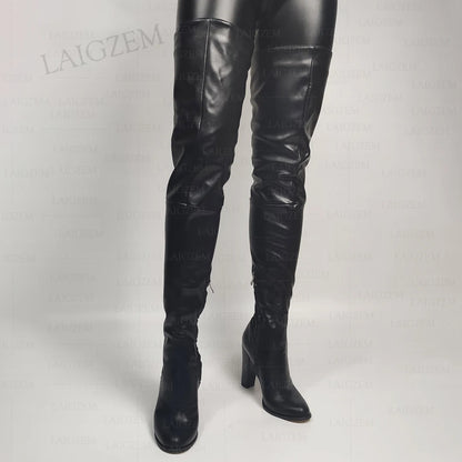 Leather High Heel Boots For Men | Knee-High Chunky Heels