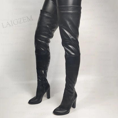 Leather High Heel Boots For Men | Knee-High Chunky Heels