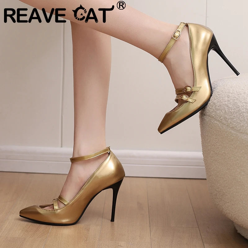 REAVE CAT Sexy Female Pumps 31 32 33 Pointed Toe Stiletto 10cm Ankle Buckle Strap Metal Decoration Large Size 49 50 Party Shoes