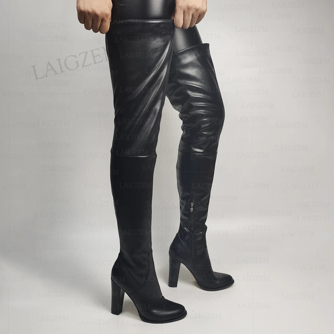 Leather High Heel Boots For Men | Knee-High Chunky Heels