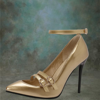 REAVE CAT Sexy Female Pumps 31 32 33 Pointed Toe Stiletto 10cm Ankle Buckle Strap Metal Decoration Large Size 49 50 Party Shoes