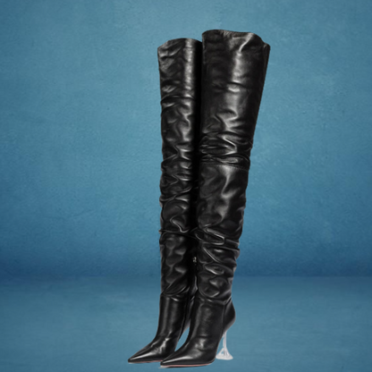 High Heels For Men | Thigh-High Leather Boots With Clear Heel