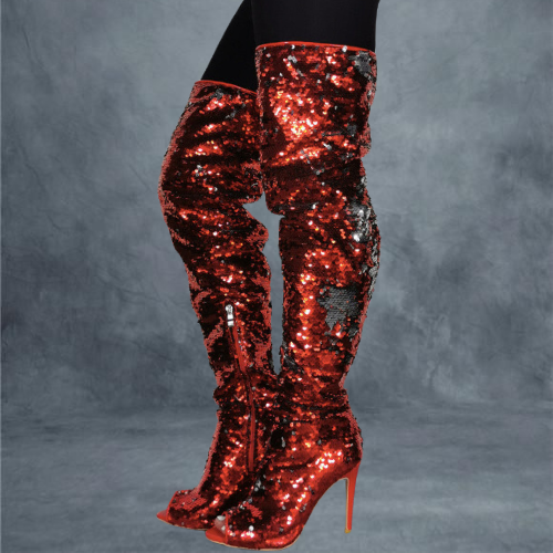 Open-Toed Sequin High Heel Over Knee Boots