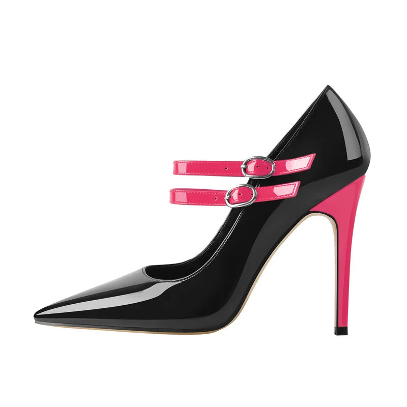 Black high-heeled shoe with pink strap on a white background