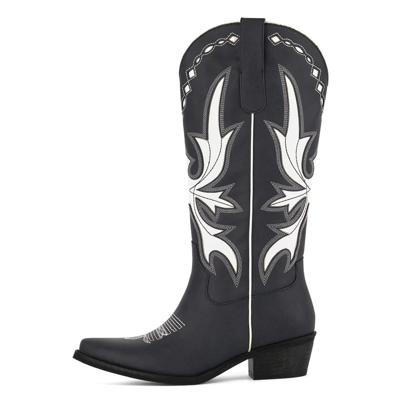 Black cowboy boot with white decorative patterns on a white background