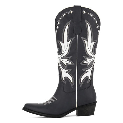Black cowboy boot with white decorative patterns on a white background