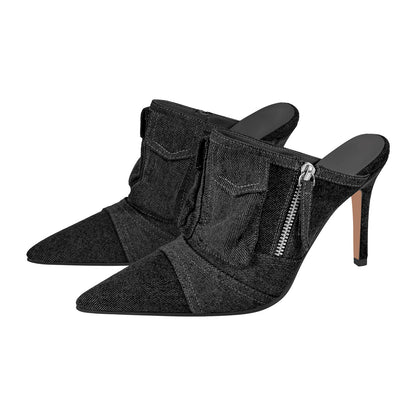 Denim Slip-On Mule Stiletto Sandals High Heels - Heelure™
