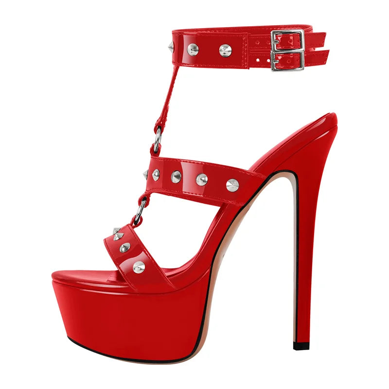 red stiletto platform sandal heels with buckles and straps