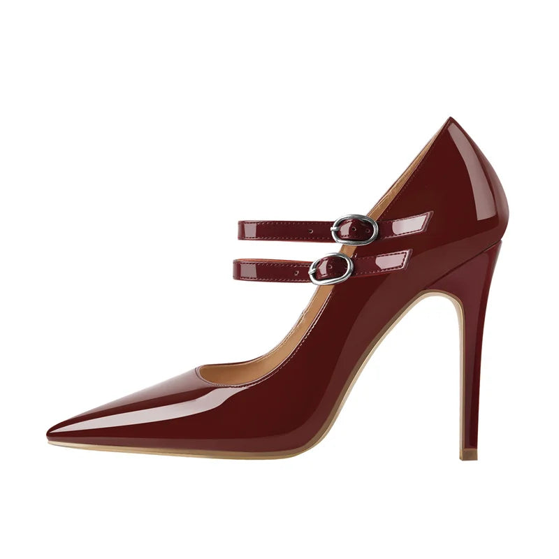 Maroon high-heeled shoe with a strap on a white background