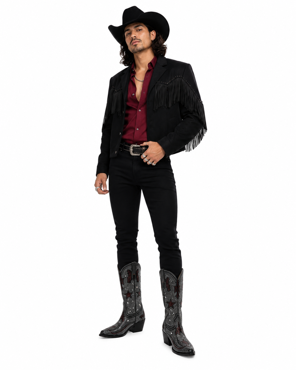 Man wearing a black cowboy outfit with a jacket, shirt, pants, and boots on a white background