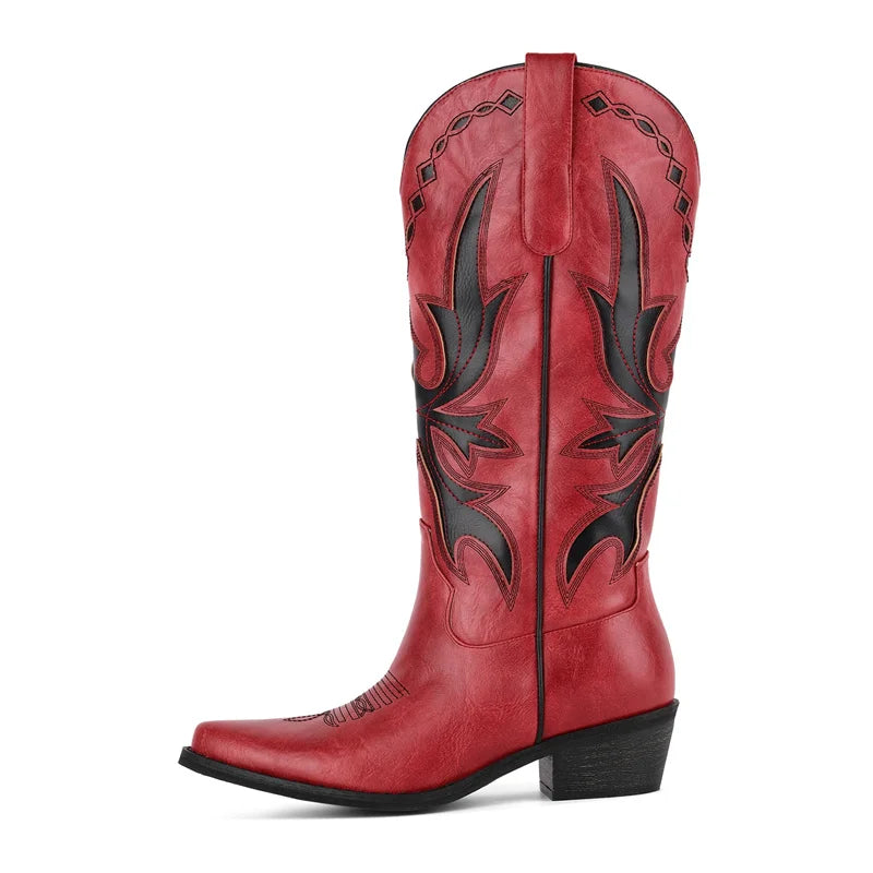 Red cowboy boot with black designs on a white background